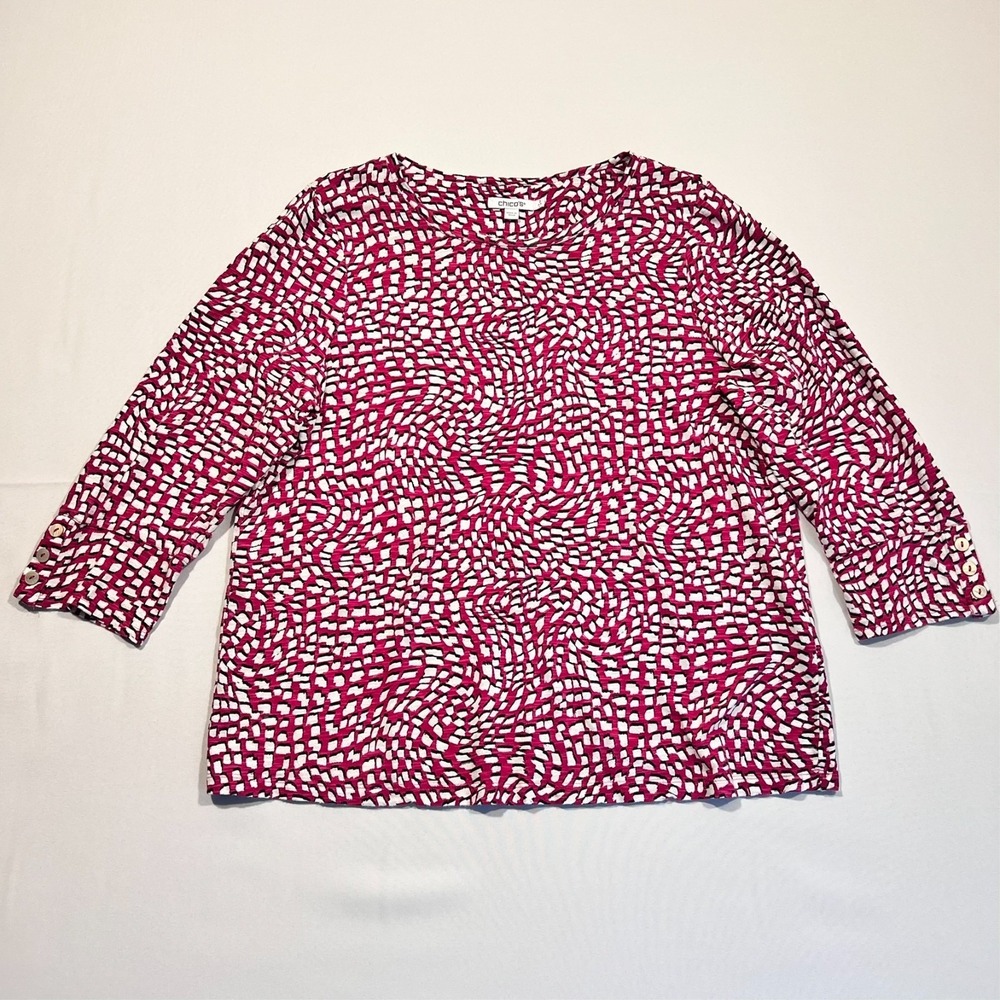 Chico's Top Blouse Fuchsia‎ Pink White 3/4 Sleeve Bright Casual Women's 2 US L